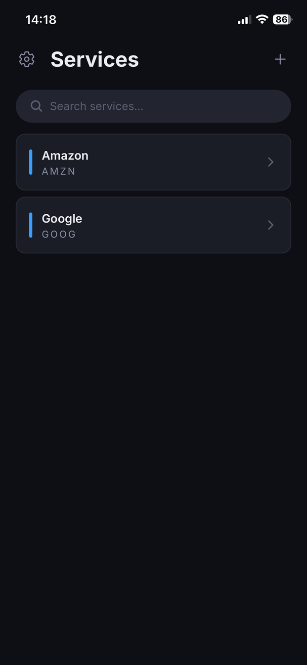 Cue Vault app — services list